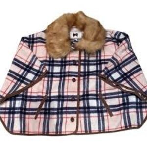 Janie and Jack Pink Plaid Faux Fur Collar Button Up Cape/Poncho Size 18-24 M
